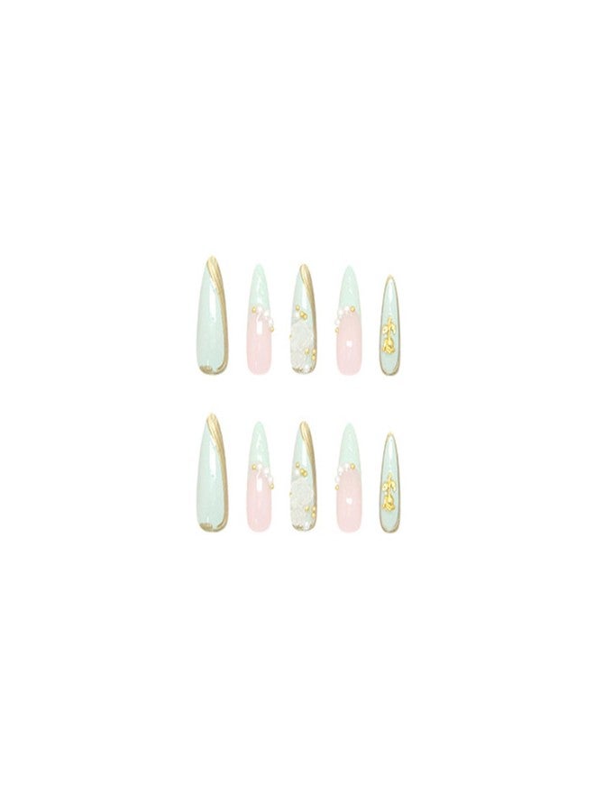 SINHOT Stiletto Press on Nails Long - Green Fake Nails Glossy Glue on Nails 3D Gold Rose Acrylic Nail Supplies White Pearls Almond Artificial Nail Art Stick on False Nail with Design DIY 24 pcs - Image 2